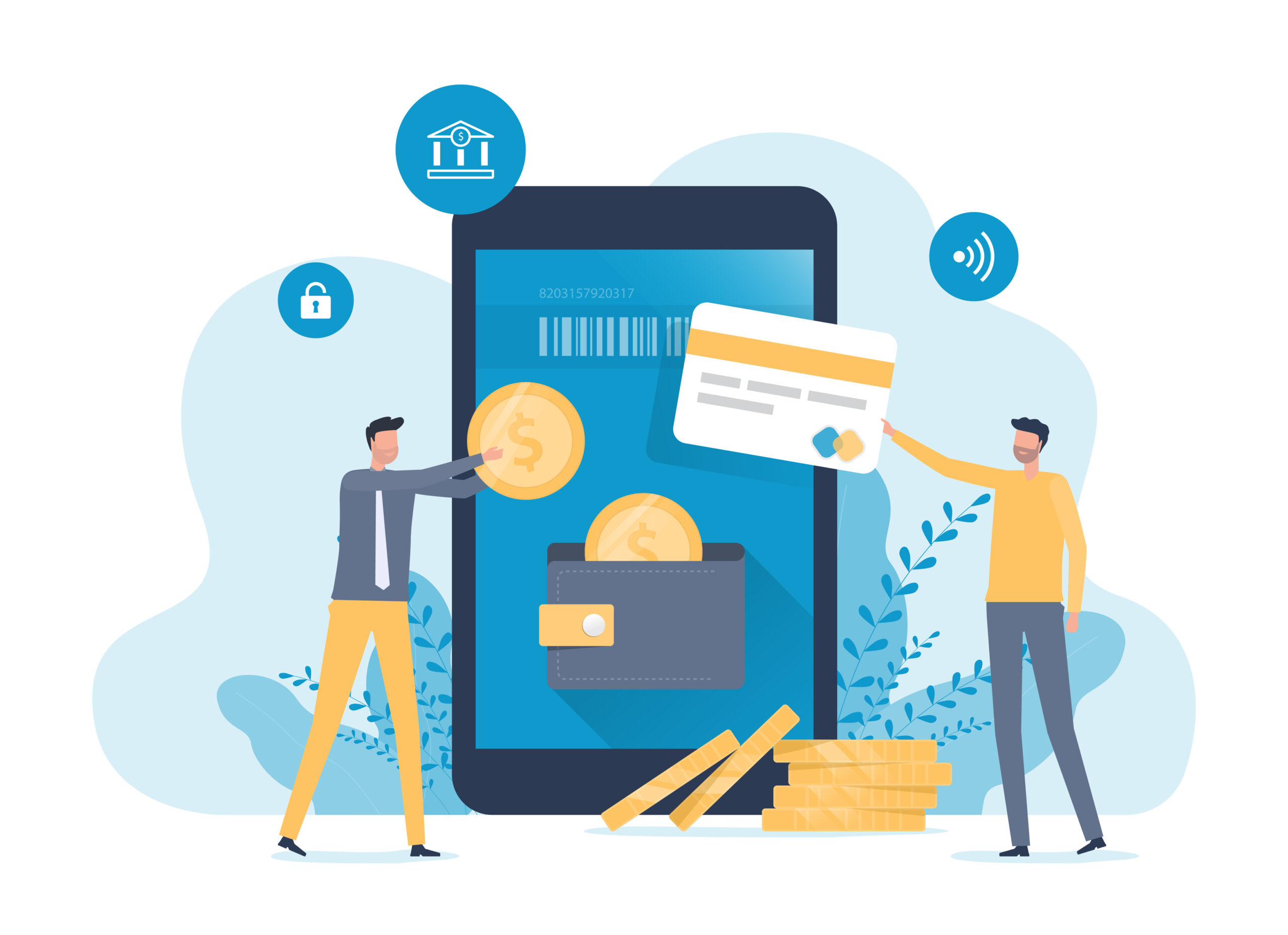 Illustration of two people holding coins and credit card in front of a mobile device.