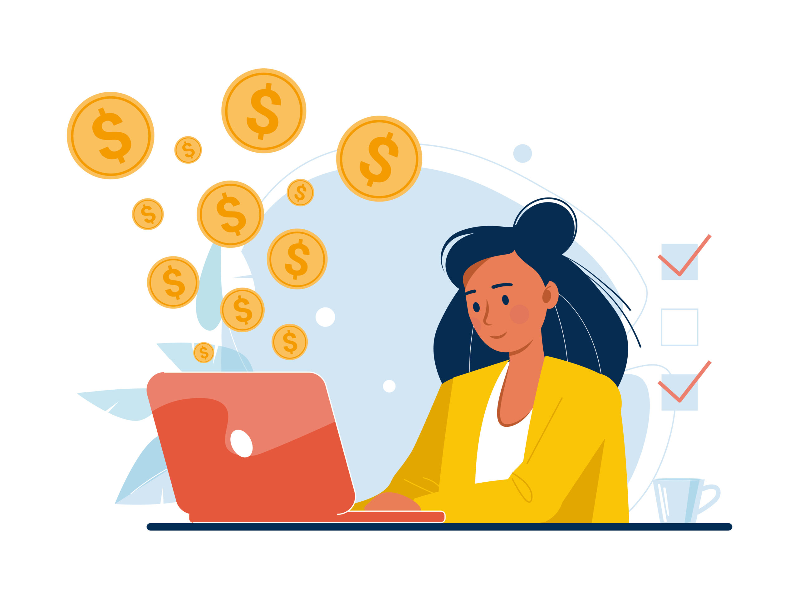 Illustration of woman working at a red laptop with images of gold coins above the laptop screen.